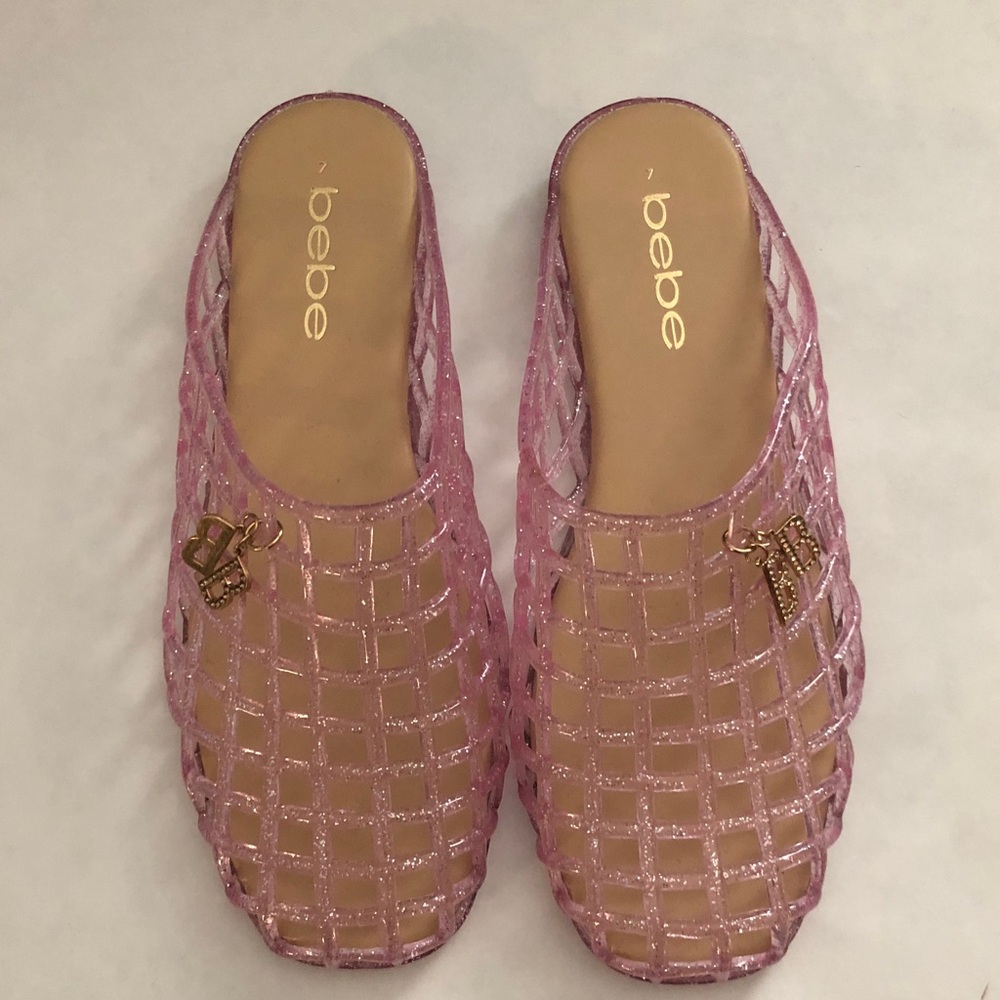 bebe Pink Glitter Mesh Slip-On Clog Mules with Gold Accents